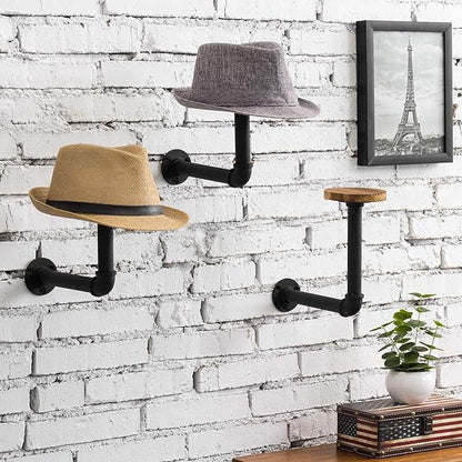 MyGift 3 Pcs Cowboy Hat Holder on Wall, Hat Rack Hooks, Wig Display Helmet Collection Organizer, Baseball Cap Hanger Entryway Bedroom, Realistic Black Metal Pipe Brown Wood