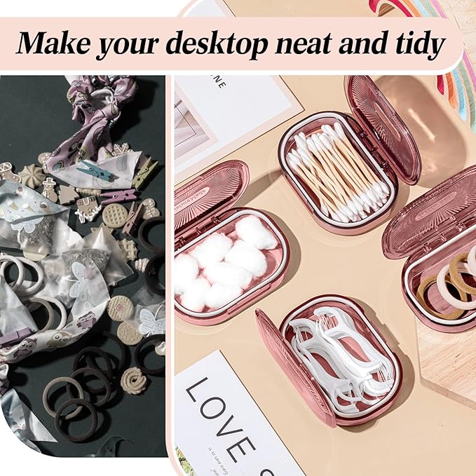 Kigley 4 Pcs Hair Tie Container Small Portable Travel Cotton Swab Holder Flosser Dispenser with Lid Plastic Box Storage Containers for Small Items, 3.94 x 2.76 Inch (Pink)