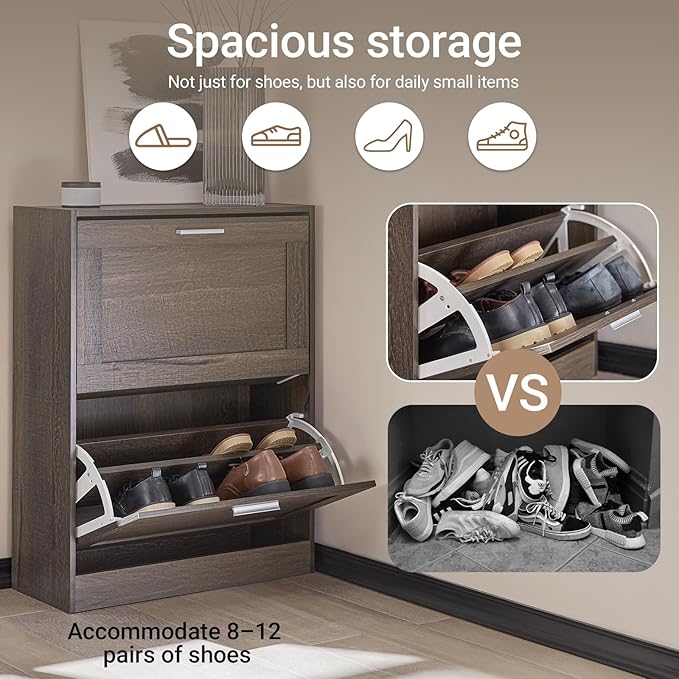 Haotian Shoe Cabinet Storage for Entryway, Narrow Shoe Cabinet with Two Flip Drawers to Save Space, Shoe Rack Cabinet for Front Door Entrance Hallway (Brown)