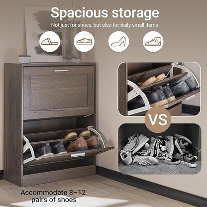 Haotian Shoe Cabinet Storage for Entryway, Narrow Shoe Cabinet with Two Flip Drawers to Save Space, Shoe Rack Cabinet for Front Door Entrance Hallway (Brown)