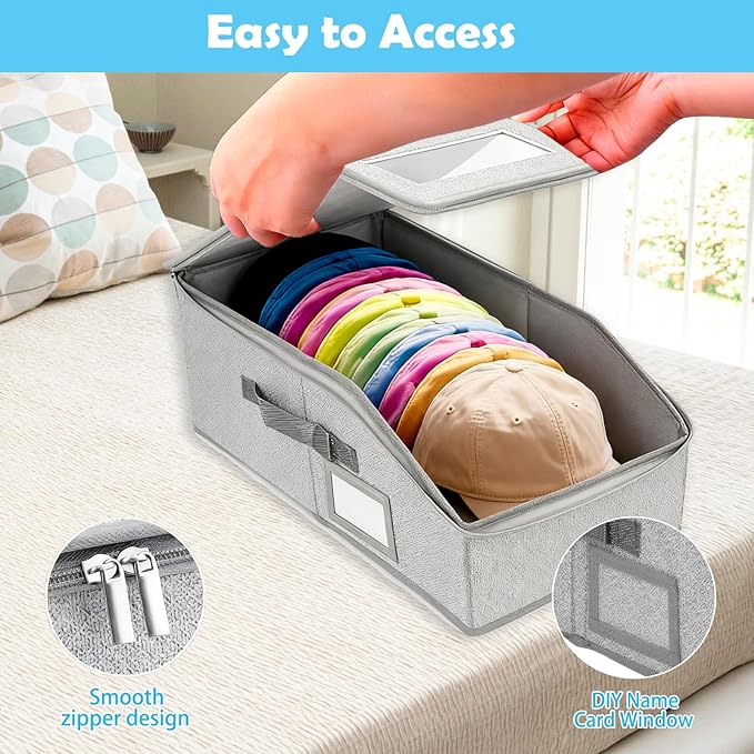 4 Pack Hat Organizer for Baseball Caps, Hat Storage Box, Holds up to 48 Caps, Baseball Cap Organizer for Closet/Shelf, Hats Box Holder | Stackable, Foldable, Clear Lid, Easy-Access,Grey