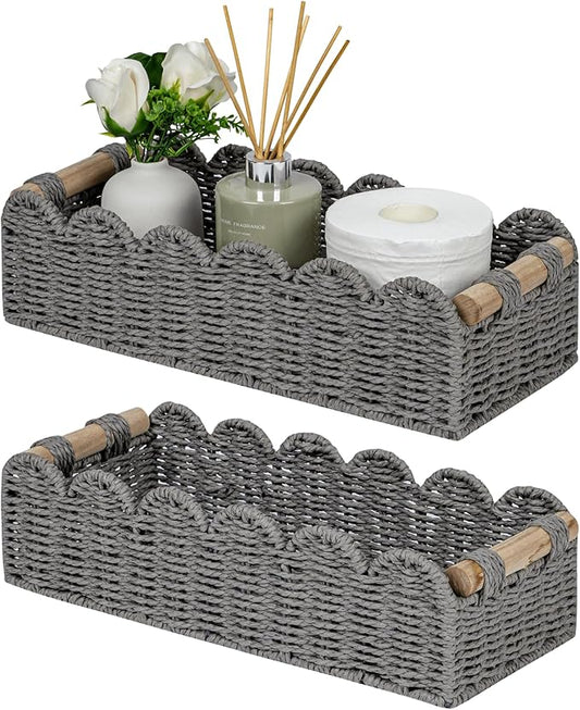 CubesLand Bathroom Basket Organizer, Toilet Tank Paper Storage Baskets 2-Pack, Scalloped Decorative Basket for Countertop w/Handle, Wicker Basket for Bathroom Decor, Home Decor, Living Room, Grey