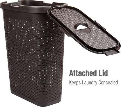 Mind Reader Slim Laundry Hamper with Lid, 40L Clothes Basket, Narrow Tapered Design with Ventilated Cutout Pattern, Plastic, Brown