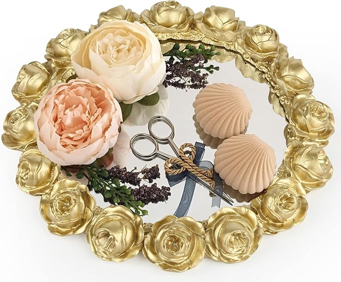 Vixdonos Decorative Round Mirror Tray Bathroom Vanity Tray with Gold Resin Rose for Perfume,Jewelry and Makeup