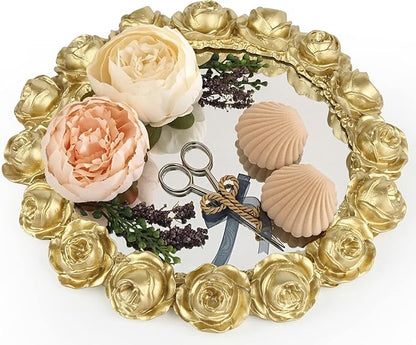Vixdonos Decorative Round Mirror Tray Bathroom Vanity Tray with Gold Resin Rose for Perfume,Jewelry and Makeup
