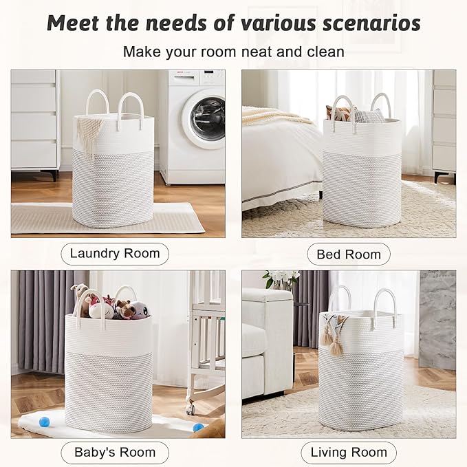 Artfeel Laundry Basket,Woven Cotton Rope Laundry Hamper,100L Versatile Storage for Dirty Clothes,Baby Toys,and Blankets in Bathroom, Nursery,and Living Room