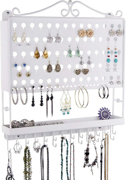 Angelynn's Wall Mounted Earring Holder Necklace Organizer for Small and Medium Post Stud Dangle Pierced Earrings, Hanging Closet Jewelry Storage Rack with Tray, AAA White 14 1/2" x16 1/4"