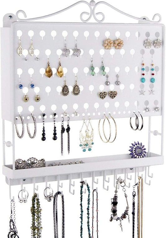 Angelynn's Wall Mounted Earring Holder Necklace Organizer for Small and Medium Post Stud Dangle Pierced Earrings, Hanging Closet Jewelry Storage Rack with Tray, AAA White 14 1/2" x16 1/4"