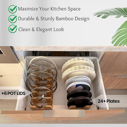 Piporea Natural Bamboo kitchen cabinet organizer – Multiuse lid organizers inside cabinet for cookware, bakeware & cutting boards – Durable pot and pan organizer for under cabinet