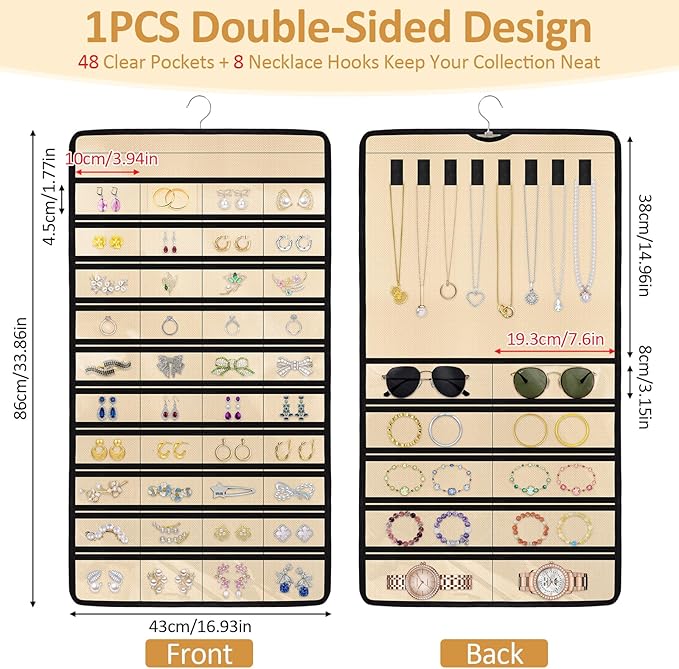 Hanging Jewelry Organizers and Storage, Double-Sided Jewelry Necklace Holder for Jewelries, Earrings, Accessories, Rings on Closet, Door, Wall (1,Beige)