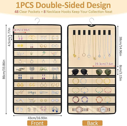 Hanging Jewelry Organizers and Storage, Double-Sided Jewelry Necklace Holder for Jewelries, Earrings, Accessories, Rings on Closet, Door, Wall (1,Beige)