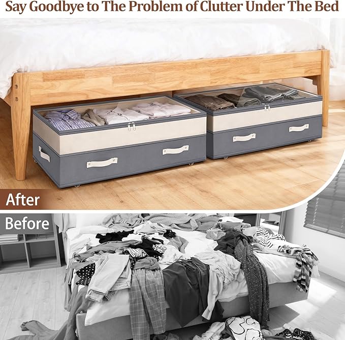 Dolicer 4 Pack Under Bed Storage with Wheels, 6in-10in Height Adjustable Underbed Storage Containers, 92L XXXL Under Bed Drawers Rolling Bin with Clear Lids for Dorm Shoes Clothes Organizer(Dark Grey)