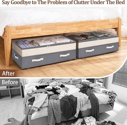 Dolicer 4 Pack Under Bed Storage with Wheels, 6in-10in Height Adjustable Underbed Storage Containers, 92L XXXL Under Bed Drawers Rolling Bin with Clear Lids for Dorm Shoes Clothes Organizer(Dark Grey)