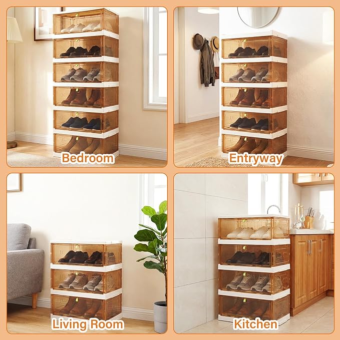 Shoe Rack Organizer for Entryway/Closet,Stackable Magnetic-Door Shoe Boxes,Foldable Space-Saving Sneaker&Boot Containers,Thichen&Sturdy Plastic Cabinet 6 Tiers 12 Pairs,Taupe
