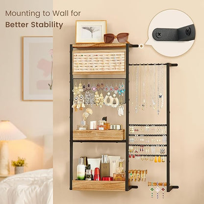 Pinzoveco Hanging Jewelry Organizer Wall Mounted, Large Hanging Jewelry Organizer Holder for Necklaces,Bracelest,Earrings,Rings,Watched,Makeup & Perfume (Black)
