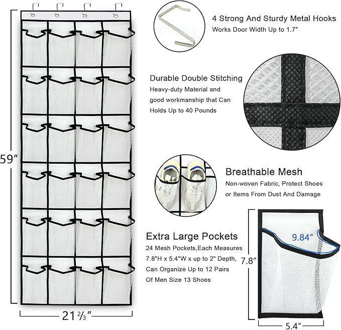 Over the Door Hanging Shoe Organizer with 24 Large Mesh Pockets - Shoes Holder/White
