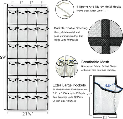 Over the Door Hanging Shoe Organizer with 24 Large Mesh Pockets - Shoes Holder/White