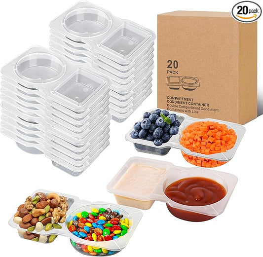 20 sets Reusable Snack Containers 2 Compartment Condiment Container With Lids Snackle Box Container Portion Control for Refrigeration Sauce,Outdoor Takeaway,Travel