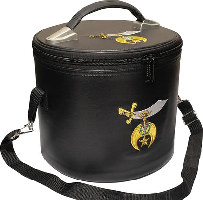 Premium Masonic Shriner Fez Hat Case Black Leather – Dual Emblems Front & Top (Machine Embroidery) with Shoulder Strap