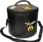 Premium Masonic Shriner Fez Hat Case Black Leather – Dual Emblems Front & Top (Machine Embroidery) with Shoulder Strap