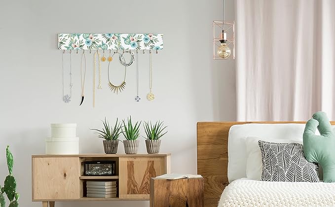 SANY DAYO HOME Wall Mounted Necklace Holder 16 x 3 inches Wood Hanging Jewelry Organizer with 15 Hooks for Necklaces, Girl Hair Bows, Bracelets - Elegant Rose