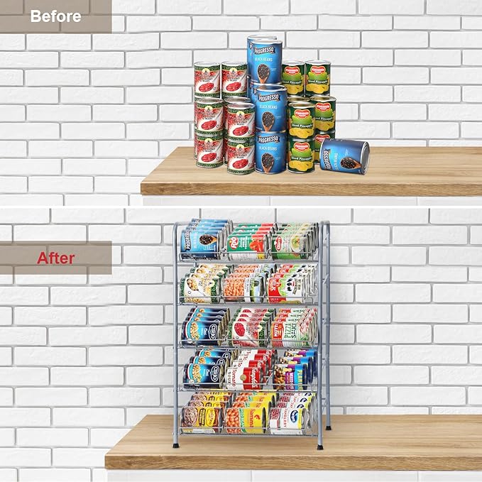 MOOACE Can Rack Organizer, 5 Tier Can Storage Dispenser Holds up to 60 Cans, Can Organizer, Great for The Pantry Shelf, Kitchen Cabinet or Counter-top, Cabinet, Canned Food Organizer, Silver