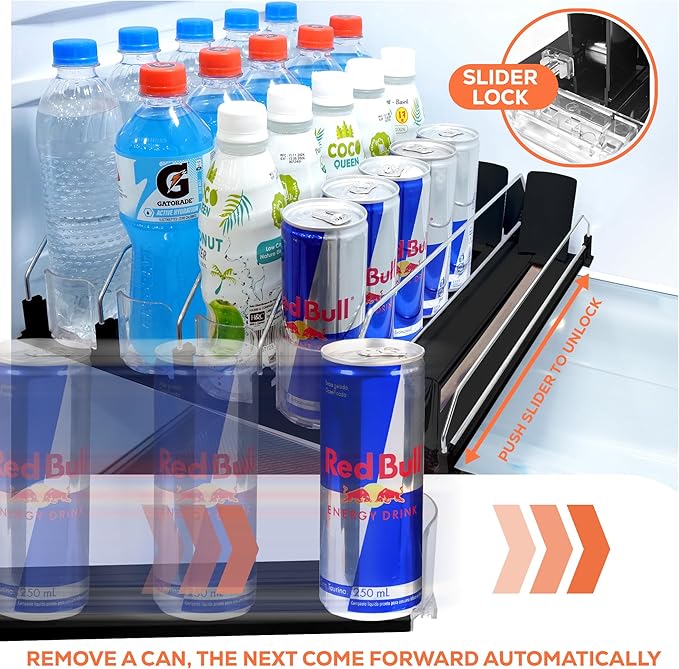 Drink Organizer for Fridge. Upgraded Drink Holder for Fridge with Larger Stopper Height. Width Adjustable Automatic Soda Can Organizer with Lock. Holds 25 Cans (5 Rows, Black)