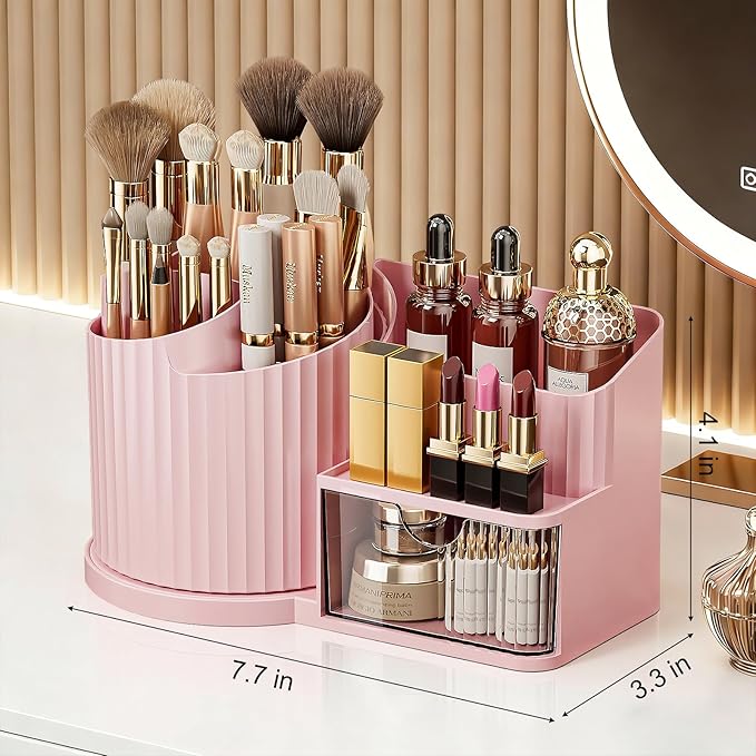 Anyoifax 360 Rotating Makeup Brush Holder Organizer with Drawer 5 Slots Make Up Brushes Cup Flower-Shaped Spinning Pen Holder for Vanity, Cosmetics, Lipsticks, Pink