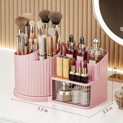 Anyoifax 360 Rotating Makeup Brush Holder Organizer with Drawer 5 Slots Make Up Brushes Cup Flower-Shaped Spinning Pen Holder for Vanity, Cosmetics, Lipsticks, Pink