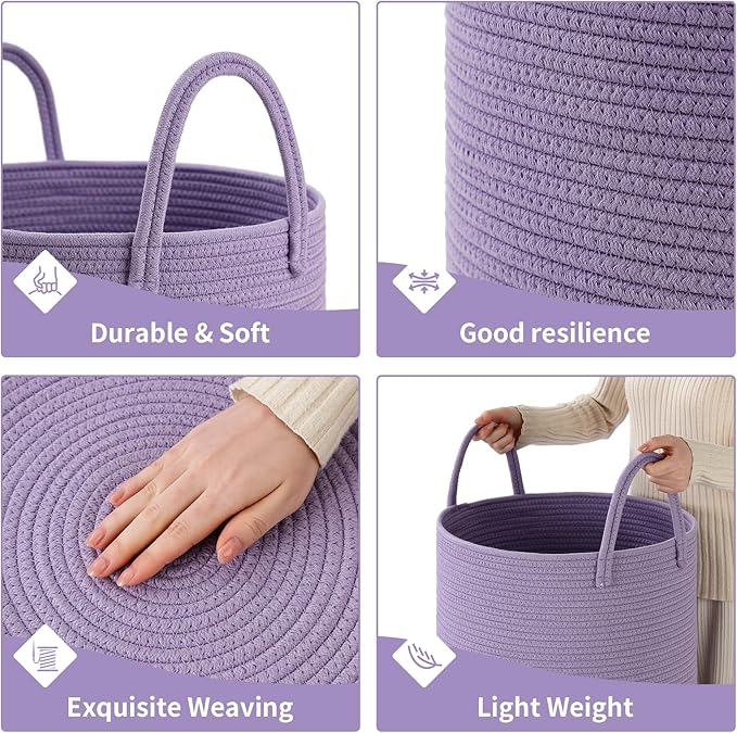 Laundry Basket Hamper Tall Rope Storage Woven for Blanket toys Dirty Clothes in Living Room Bathroom Bedroom (Purple, 60L/15.8Gal)