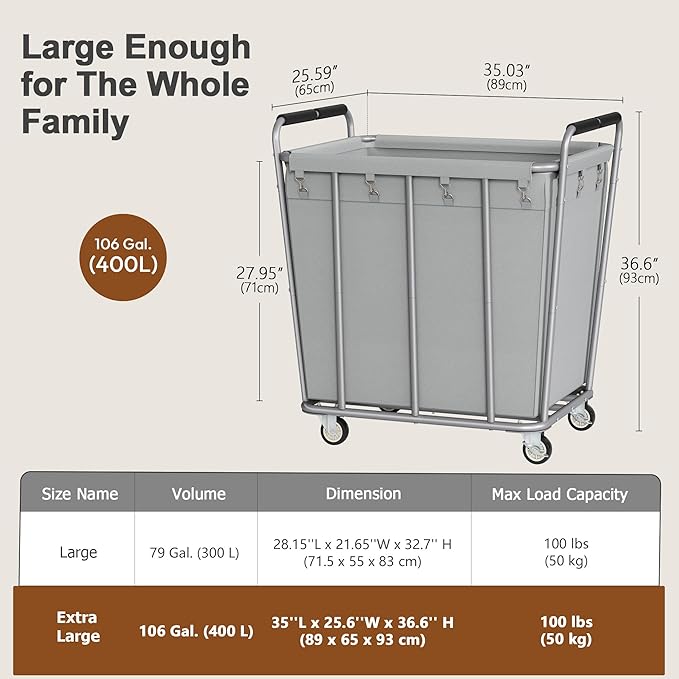 Hoctieon Large Laundry Cart with Wheels, 400L Heavy Duty Laundry Basket Organizer, Rolling Hamper Sorter for Clothes Storage, Industrial Dirty Clothes Hamper for Home & Hotel, Gray