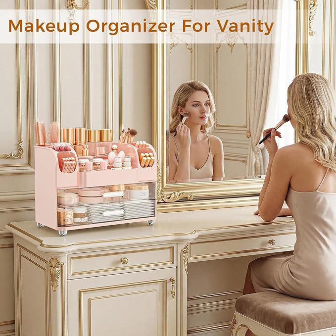 Makeup Organizer for Vanity with Brush Holder, Large Bathroom Countertop Organizer & Skincare Storage | Perfume, Cosmetics Display Case with Drawers (Pink)
