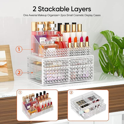 Awenia 2 Pack Makeup Organizer with Drawers[Upgraded]-Acrylic Make up Organizers and Storage Case for Cosmetics,Brush,Perfume,Jewelry Display, Vanity and Bathroom Accessories