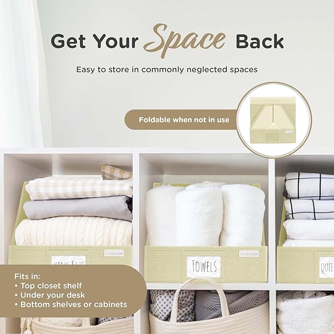 VIVIDECOR Open Front Trapezoid Closet Bins 12x12x10 – Closet Shelf Organizer for Folded Clothes, Easy Access Fabric Storage Baskets – Light Beige, 3 Pack