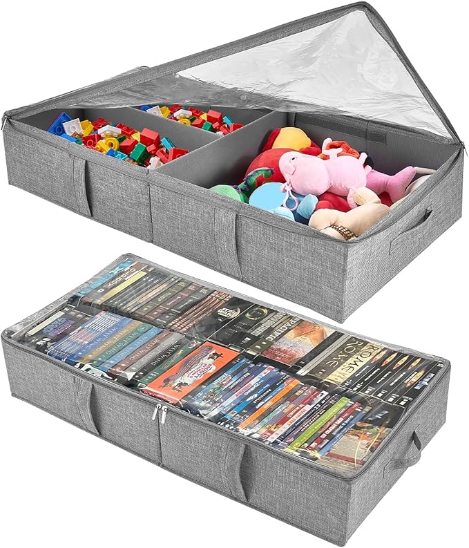 2-Pack Under Bed Toy Storage Boxes, Grey Toy Organizer with Clear PVC Lid, Foldable Under Couch Storage Bins (31.8×16×5.9in), Toys Storage Containers for Plush Dolls, Books, Clothes, Shoes & Blankets