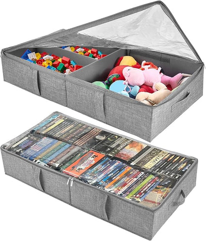 2-Pack Under Bed Toy Storage Boxes, Grey Toy Organizer with Clear PVC Lid, Foldable Under Couch Storage Bins (31.8×16×5.9in), Toys Storage Containers for Plush Dolls, Books, Clothes, Shoes & Blankets