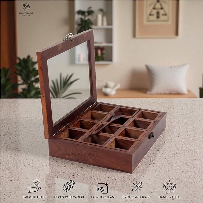 Wooden Spice Box set for Kitchen Large Containers Spice Jars & Spoon in Sheesham Wood Masala Dabba for Kitchen Masala Dani Namak Dani Dabba Multipurpose Decorative Boxes