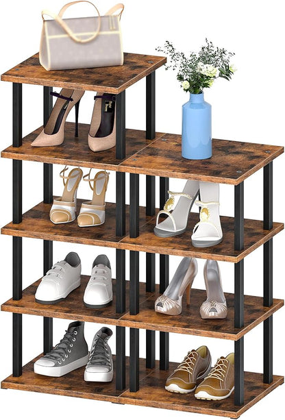 CHOEZON 9-Tier Vertical Shoe Rack, DIY Corner Shoe Rack for Entryway, Narrow Shoe Shelf, Tall Storage Organizer, Saving Space, for Small Spaces, Entryway, Hallway, Rustic Brown and Black MXJ01BF