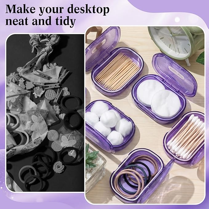 Kigley 4 Pcs Hair Tie Container Small Portable Travel Cotton Swab Holder Dispenser with Lid Plastic Box Storage Containers for Small Items, 3.94 x 2.76 Inch (Purple)
