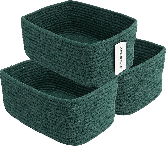 XUANGUO Small Woven Storage Baskets 12“X8”X5“ Decorative Rope Bins for Organizing Shelves, Closets, and Toys, Empty Gift Baskets, Cute Organizer Basket for Home and Office (dark green, regular)