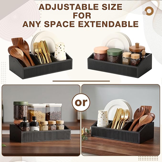 Novabright 2 Tier Paper Plate Dispenser for Kitchen Counter, Paper Plate Organizer, Rustic Wooden Utensil Holder for Party Countertop Cutlery Flatware Storage Rack for Napkin Cup Spoon Fork(Black)