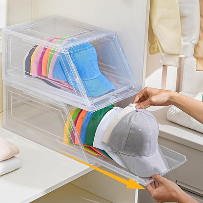 Amllas 2 Pack Stackable Hat Organizer for Baseball Caps, Large Clear Hat Holder with Sliding Drawer, Hat Storage Box with Door, Baseball Cap Organizer