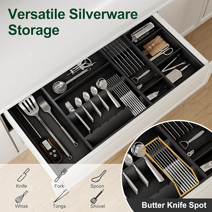 Bamboo Silverware Drawer Organizer, 17.72-29.53 Inch Expandable Large Kitchen Drawer Organizer, 5-8 Slot Flatware with Removable Card Slots & Knife Block for Spoon Butter Knive, Black