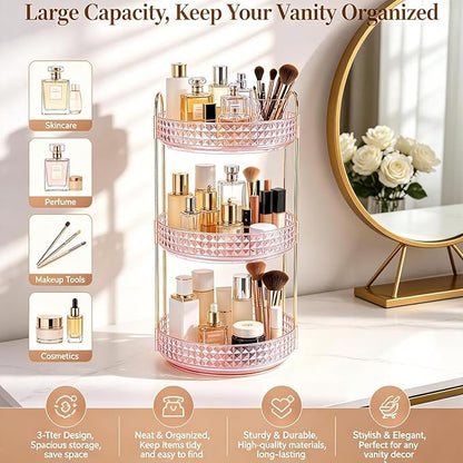 Fangoo 3 Tiers Pink Rotating Makeup Organizer for Vanity 360 Spinning Skincare Organizers for Dresser Perfume Organizer Large Skincare Make up Storage Cosmetic Organizer for Bathroom Countertop
