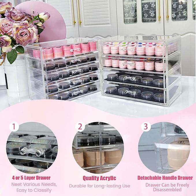 5 Tier Nail Art Decoration Storage Box，Acrylic Make Up&Jewelry Organizer with Drawers, Cosmetic Storage for Dresser Countertop and Bathroom，Transparent Acrylic Nail Art Jewelry Accessories