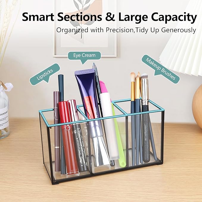 ELEGANTLIFE Clear Glass Makeup Brush Organizer,Luxurious Tempered Glass Cosmetics Brushes Storage Holder for Refined Bathroom Decor (Black, 3 Sections)