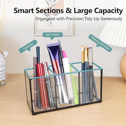 ELEGANTLIFE Clear Glass Makeup Brush Organizer,Luxurious Tempered Glass Cosmetics Brushes Storage Holder for Refined Bathroom Decor (Black, 3 Sections)