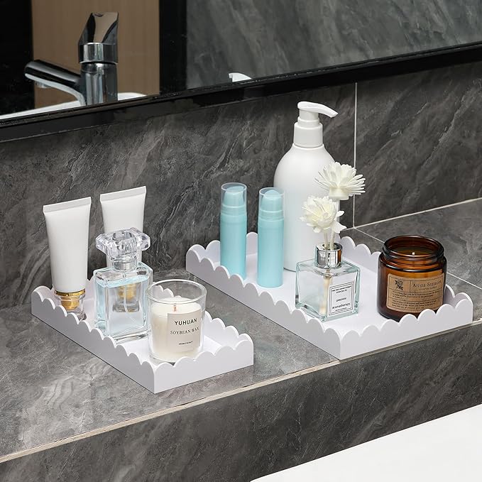 2 Pack Acrylic Bathroom Vanity Tray 7.9" and 9.6", Soap Dispenser Decorative Scalloped Tray for Bathroom Kitchen Living Room Decor Vanity Perfume, White