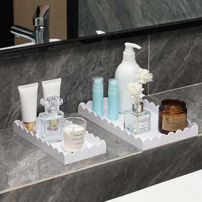 2 Pack Acrylic Bathroom Vanity Tray 7.9" and 9.6", Soap Dispenser Decorative Scalloped Tray for Bathroom Kitchen Living Room Decor Vanity Perfume, White
