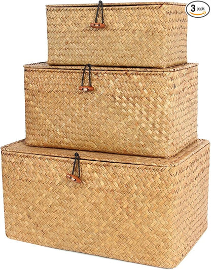 FEILANDUO Wicker Shelf Basket with Lids, Seagrass Storage Baskets Bins Rectangular Woven Baskets Boxes for Organizing Multipurpose Container Boho Home Decor Set of 3